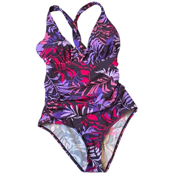 Eddie Bauer Ruched Shaping Swimsuit M Purple Floral Flattering Summer Vacation - Picture 1 of 8